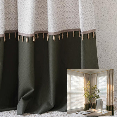 HUGMOOM Premium Color Block Curtains - Cream Geometric Woven Top with Olive Green Linen Hem & Handmade Tassels, Custom Pinch Pleat Curtains for Home Office & Transitional Interiors, Luxury Designer Drapes