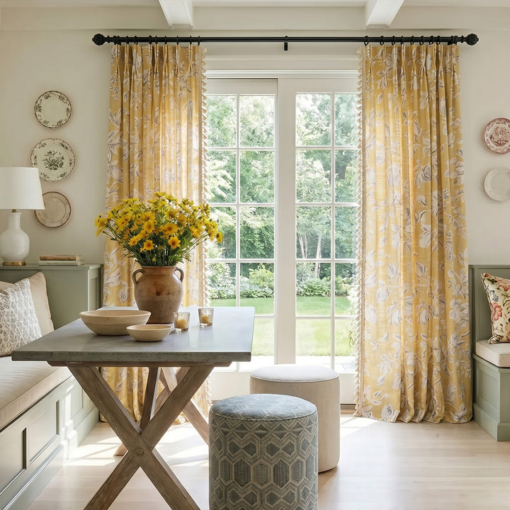 HUGMOOM Custom Yellow Floral Curtains - Premium Linen Print with Handmade Tassel Fringe, Designer Drapes for Bright Breakfast Nook &amp; Sunroom, Bespoke Cottagecore &amp; Farmhouse Window Treatments