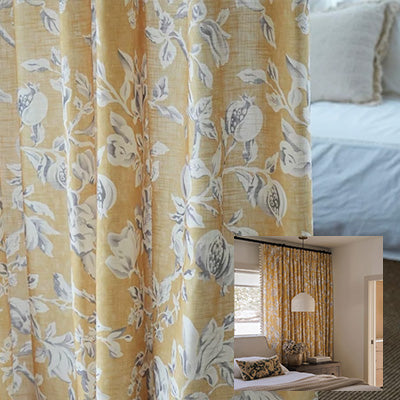 HUGMOOM Custom Yellow Floral Curtains - Premium Linen Blend with Botanical Floral & Pomegranate Print, Luxury Pinch Pleat Drapes with Handcrafted Tassel Fringe, Bespoke Designer Window Treatments for Elegant Farmhouse & Cottage Bedrooms