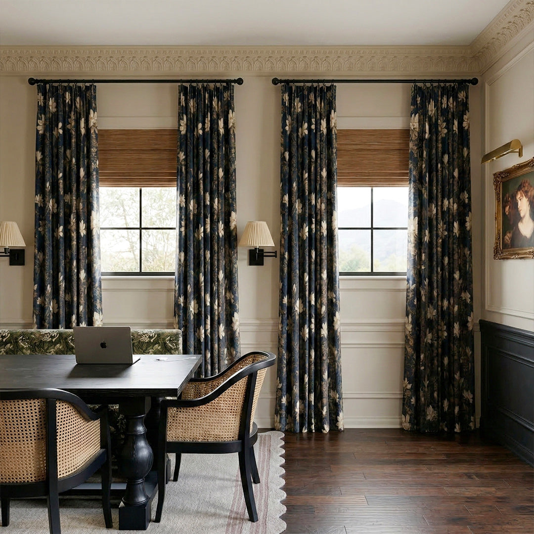 Navy Blue & White Magnolia Luxury Curtains – Vintage Foil Design Drapes for Elegant Traditional Home Offices (USA, EU)