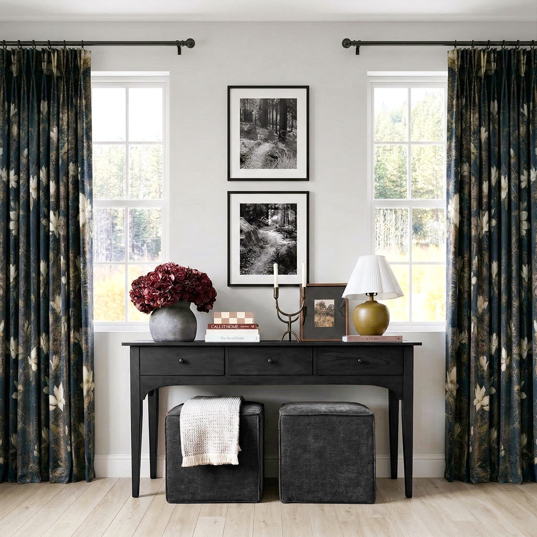 Navy Blue &amp; White Magnolia Luxury Curtains – Vintage Foil Design Drapes for Minimalist Entryway Decor (North America, Europe)