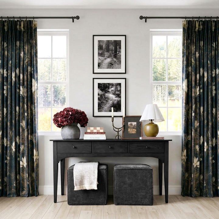 Navy Blue &amp; White Magnolia Luxury Curtains – Vintage Foil Design Drapes for Minimalist Entryway Decor (North America, Europe)