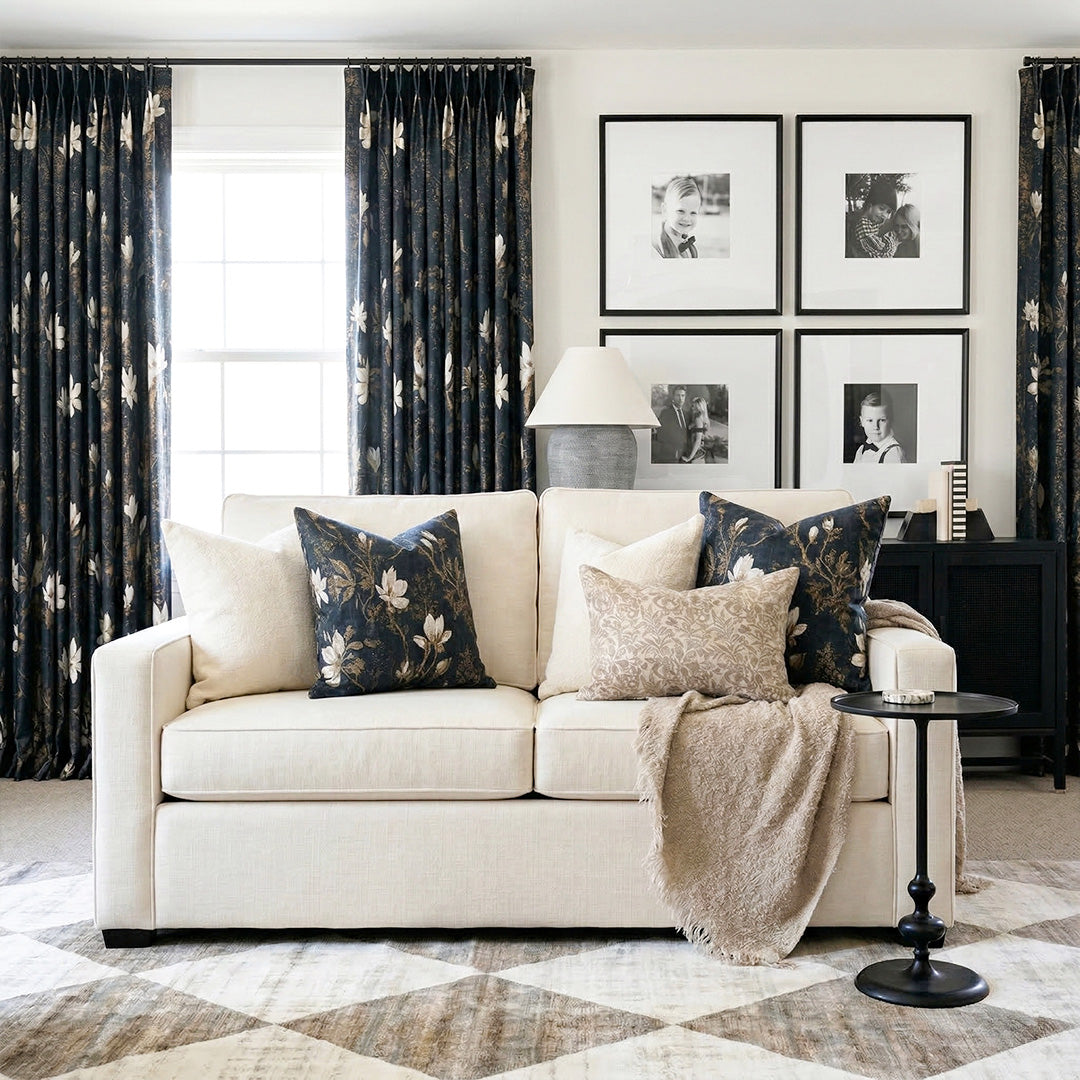 Navy Blue &amp; White Magnolia Luxury Curtains – Vintage Foil Design Drapes for Cozy Family Living Rooms (USA, Canada, EU)