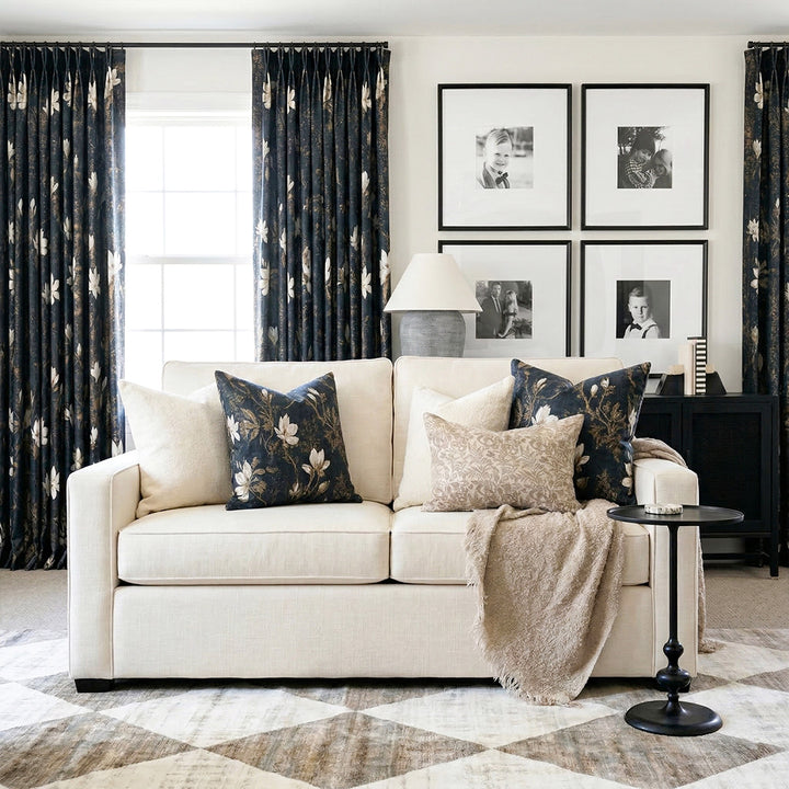 Navy Blue &amp; White Magnolia Luxury Curtains – Vintage Foil Design Drapes for Cozy Family Living Rooms (USA, Canada, EU)