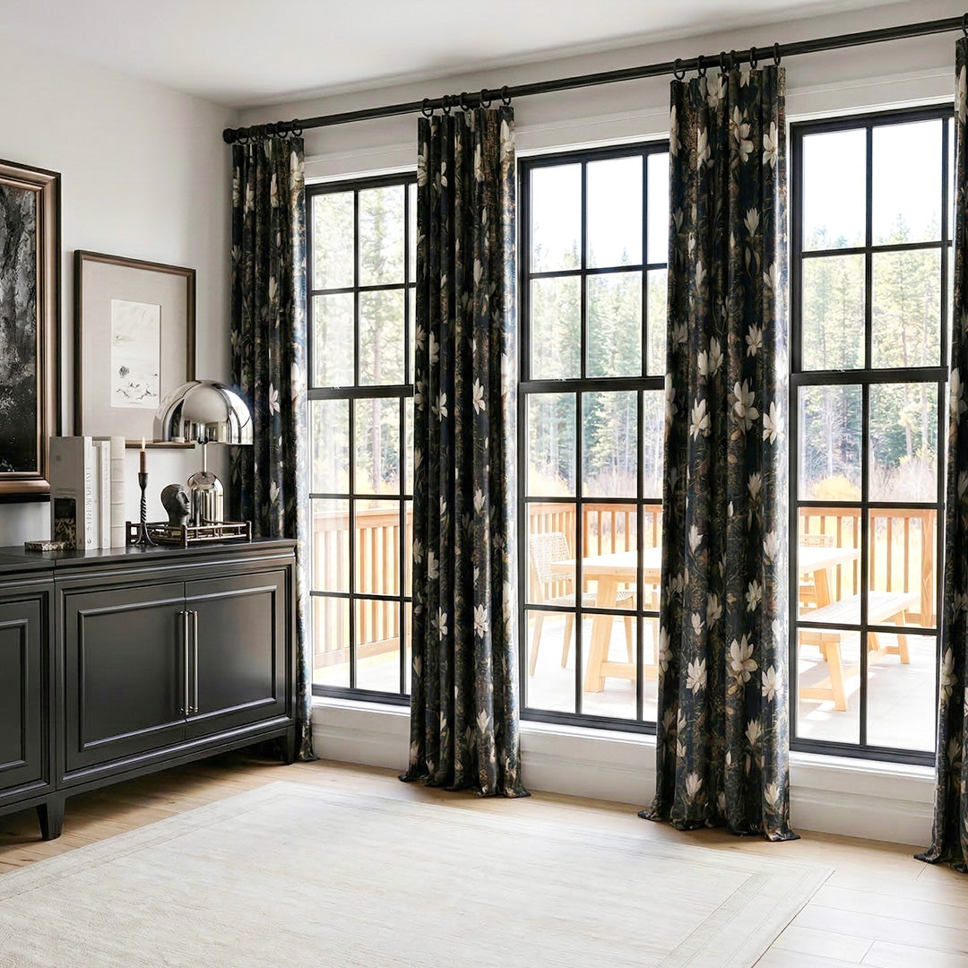 Navy Blue &amp; White Magnolia Luxury Curtains – Vintage Foil Design Drapes for Open-Concept Living &amp; Patio Spaces (US, UK, EU)