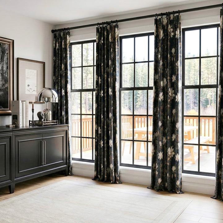 Navy Blue &amp; White Magnolia Luxury Curtains – Vintage Foil Design Drapes for Open-Concept Living &amp; Patio Spaces (US, UK, EU)