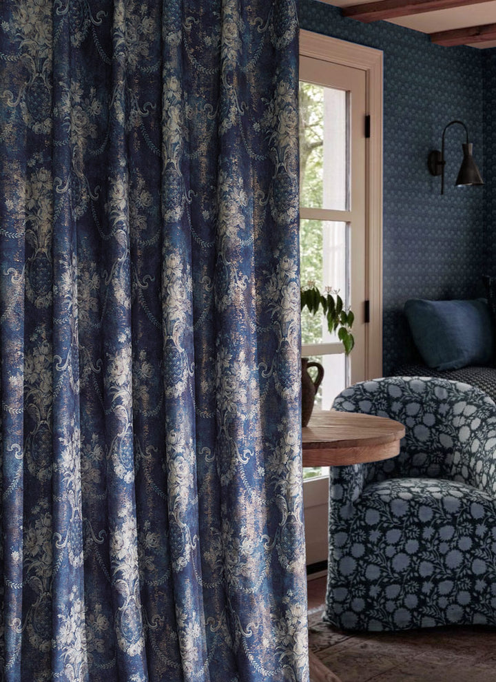 Luxury Curtains – Blue-Gold Vintage Foil Design Elegance