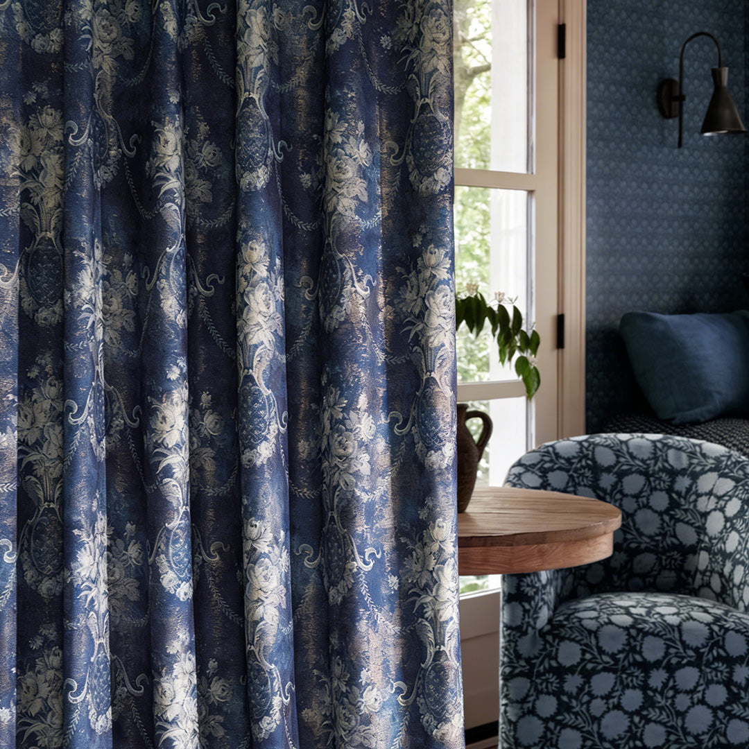 Navy Blue Floral Luxury Curtains – Vintage Foil Design Fabric Close-up (North America, Europe)