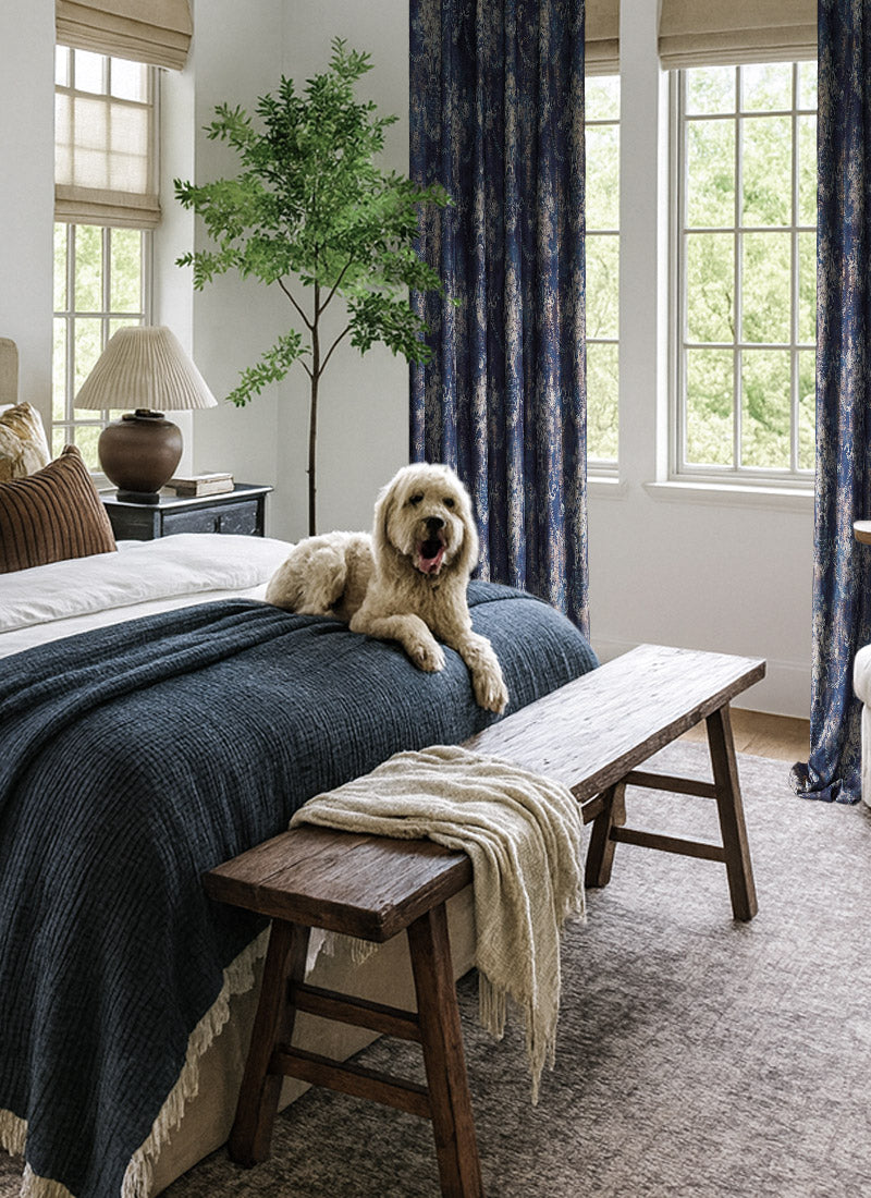 Luxury Curtains – Blue-Gold Vintage Foil Design Elegance