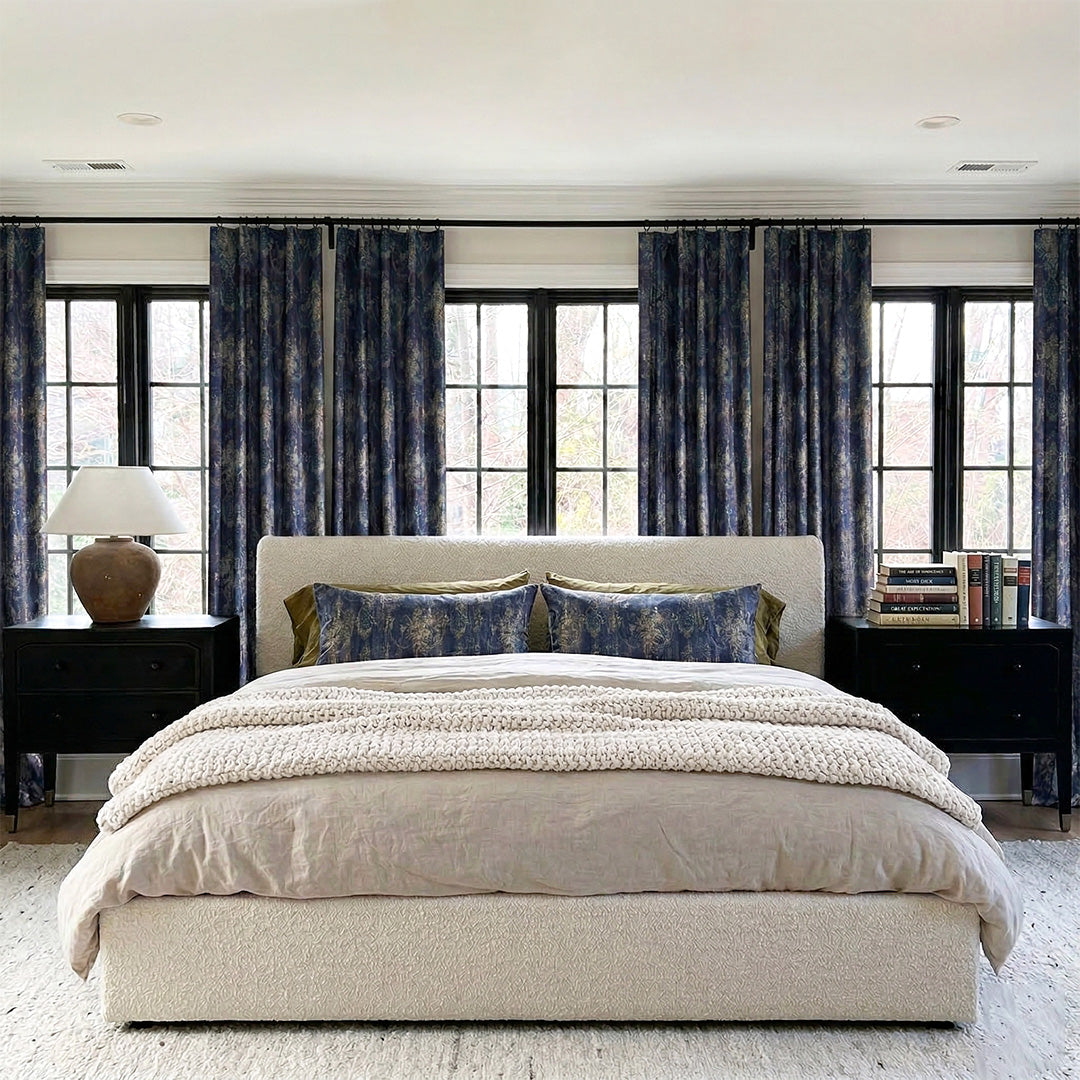 Navy Blue Floral Luxury Curtains – Vintage Foil Design Drapes for Serene Master Bedrooms (USA, EU)