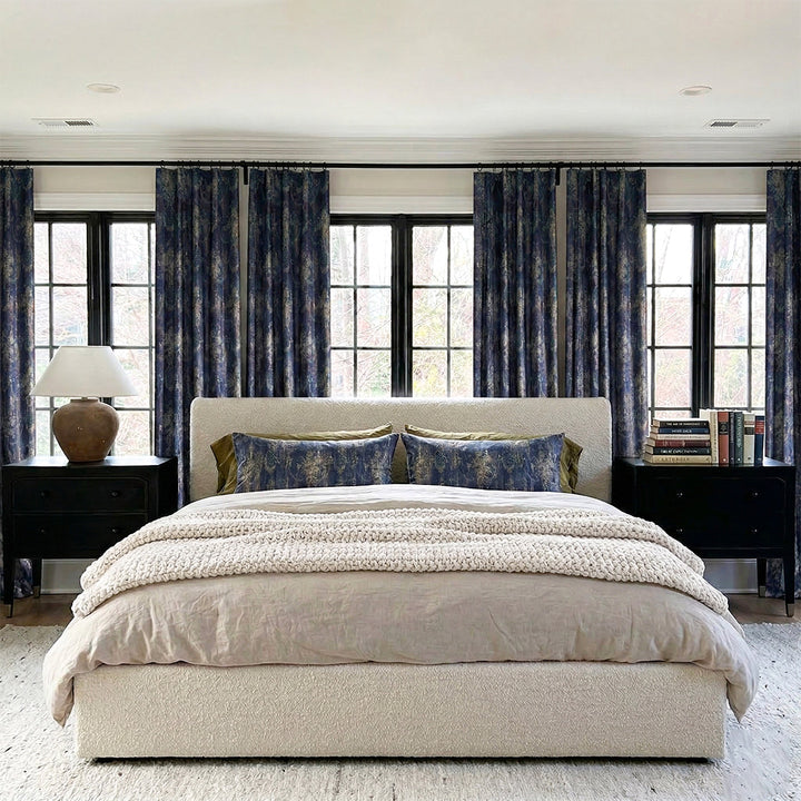 Navy Blue Floral Luxury Curtains – Vintage Foil Design Drapes for Serene Master Bedrooms (USA, EU)