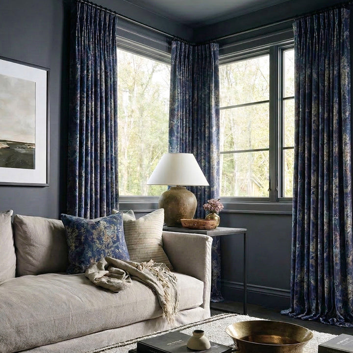 Navy Blue Botanical Luxury Curtains – Vintage Foil Design Drapes for Moody Modern Living Rooms (North America, Europe)