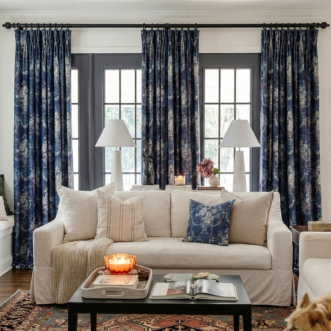 Navy Blue Floral Luxury Curtains – Vintage Foil Design Drapes for Timeless American Living Spaces (US, UK, EU)