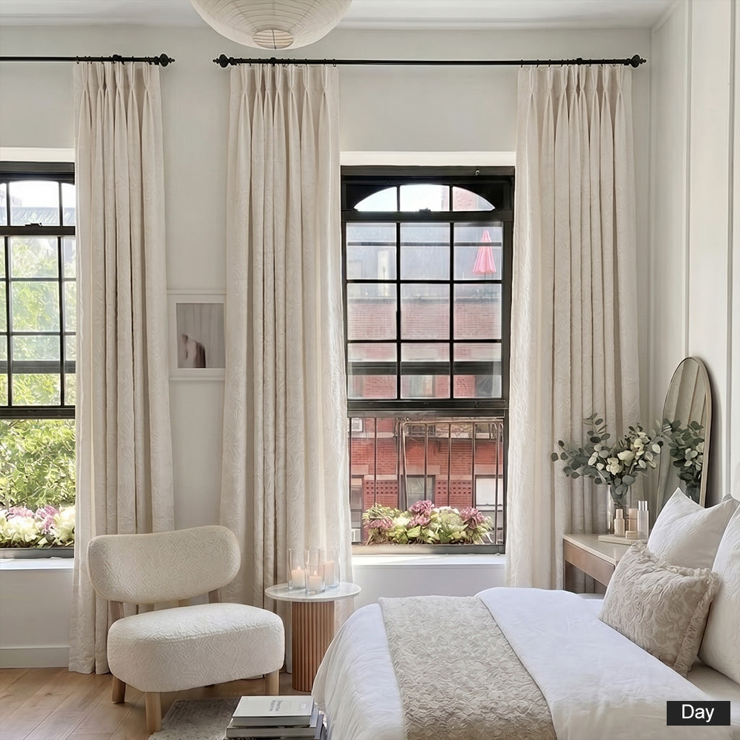 Hugmoom 3D Floral Relief Blackout Curtains, Pinch Pleat Drapes, Off-White, Daytime Open View in Bright Minimalist Bedroom