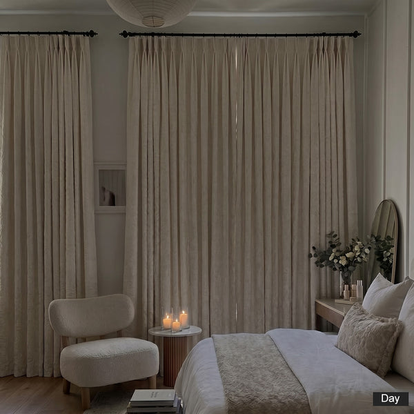 Hugmoom 3D Floral Relief Blackout Curtains, Closed in Daytime, Custom Pleated, Textured Off-White Drapes for Luxury Bedroom