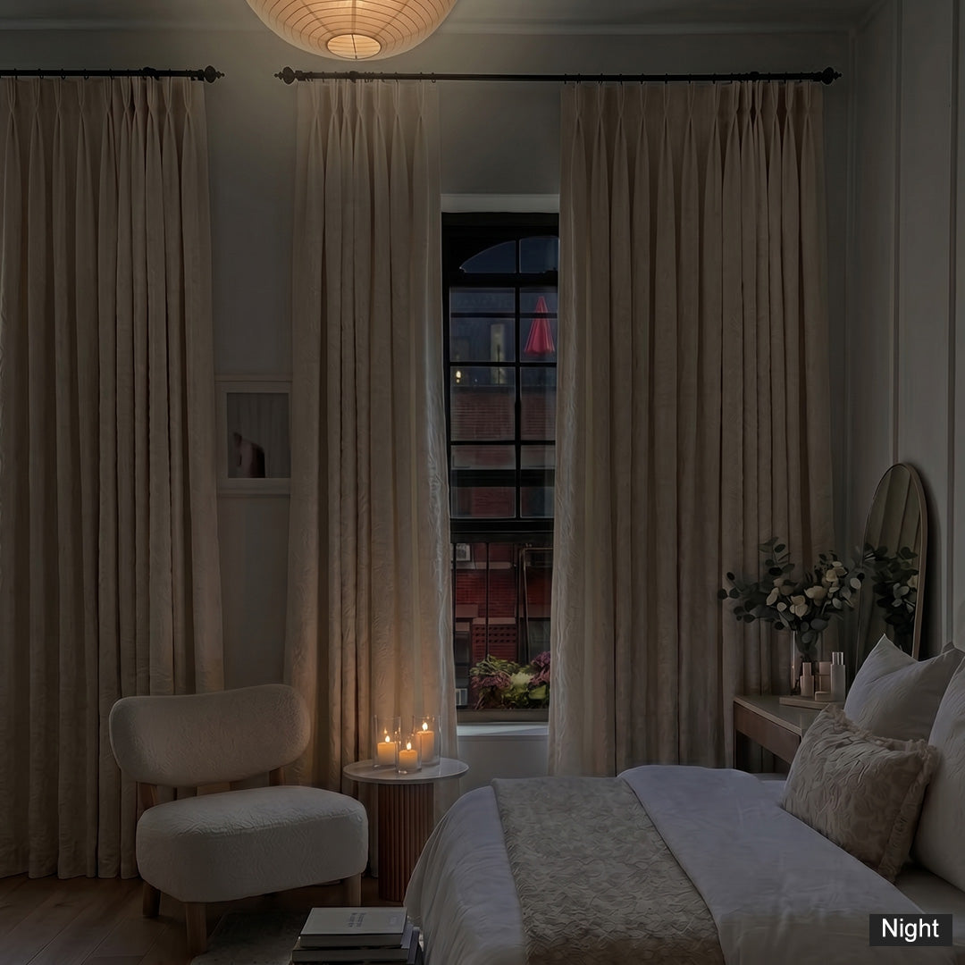 Hugmoom 3D Floral Relief Blackout Curtains at Night, Full Light Blocking, Cozy Minimalist Bedroom with Warm Lighting, Off-White Textured Blackout Drapes