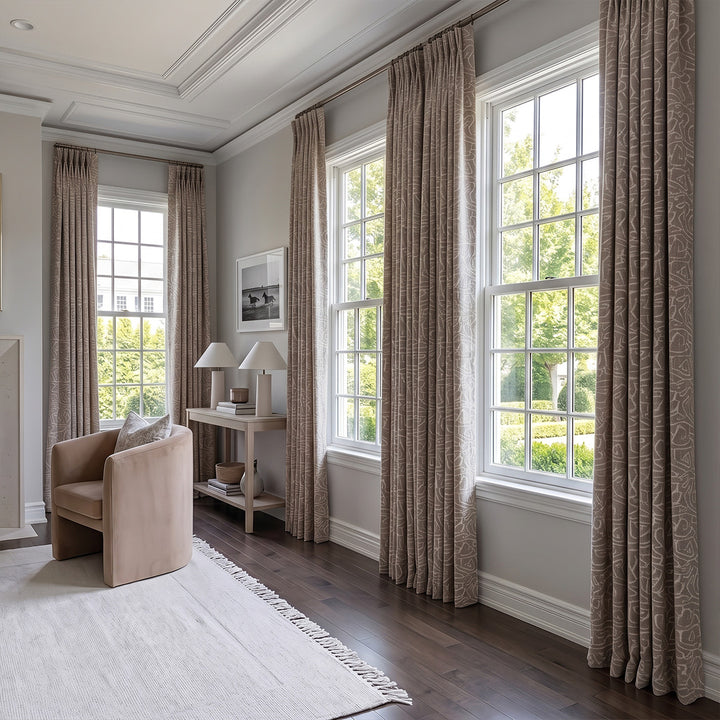 Hugmoom Abstract Geometric Curtains, Custom Tribal Maze Textured Matte Drapes, Soft Neutral Tone Formal Living Room Luxury Custom Window Treatments