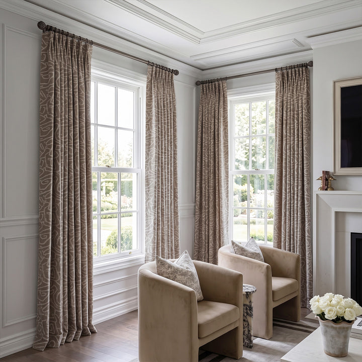 Hugmoom Abstract Geometric Curtains, Custom Tribal Maze Textured Matte Drapes, Warm Taupe Luxury Traditional Sitting Room Custom Pleated Window Curtains