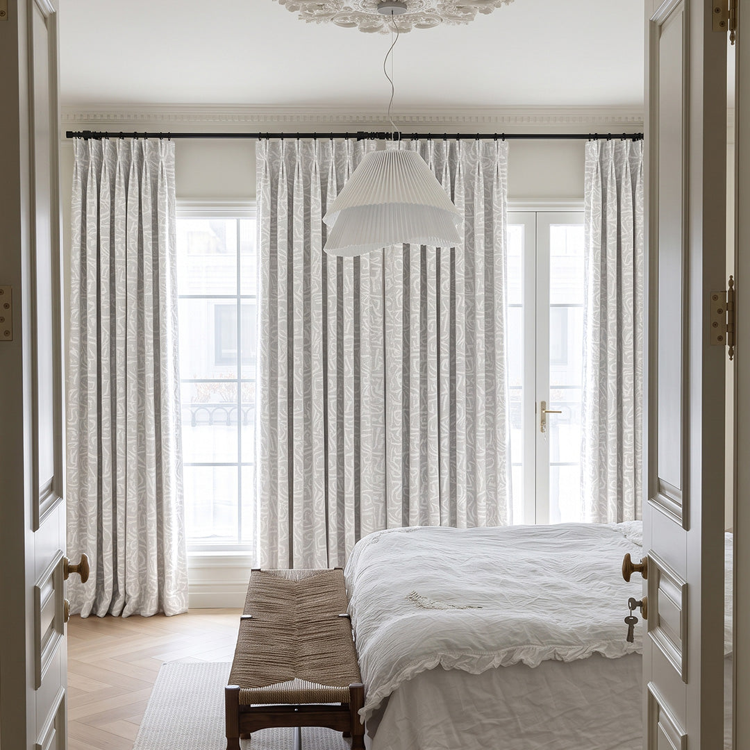 Hugmoom Abstract Geometric Curtains, Custom Tribal Maze Textured Matte Drapes, Soft Off‑White Elegant European‑Style Master Bedroom Custom Window Drapes