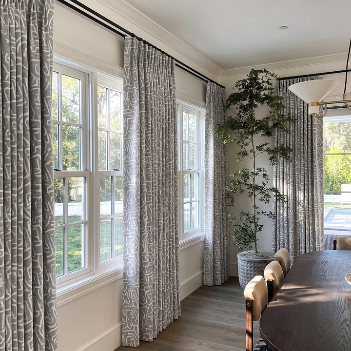 Hugmoom Abstract Geometric Curtains, Custom Tribal Maze Textured Matte Drapes, Grey Modern Organic Dining Room Luxury Custom Pleated Window Curtains
