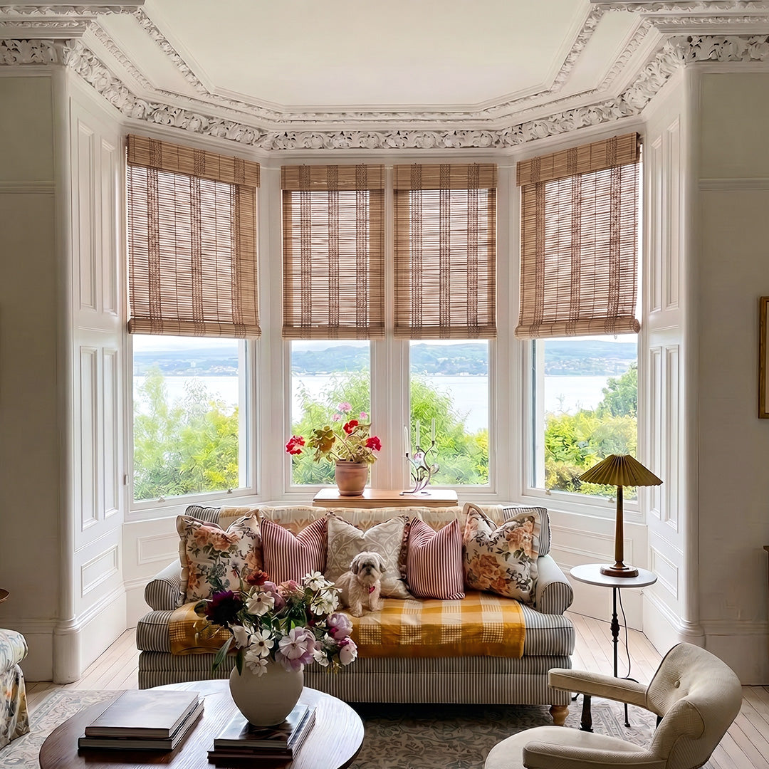 Hugmoom Bamboo Woven Shade – Premium Natural Cordless Roman Blinds for Luxury Bay Window Living Rooms (USA, EU)