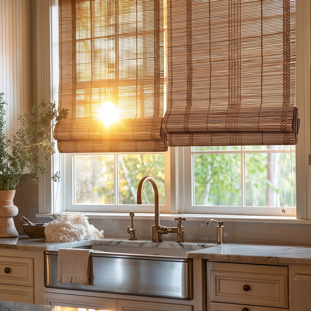 Hugmoom Bamboo Woven Shade – Premium Natural Cordless Roman Blinds for High-End Farmhouse Kitchens (US, UK, EU)