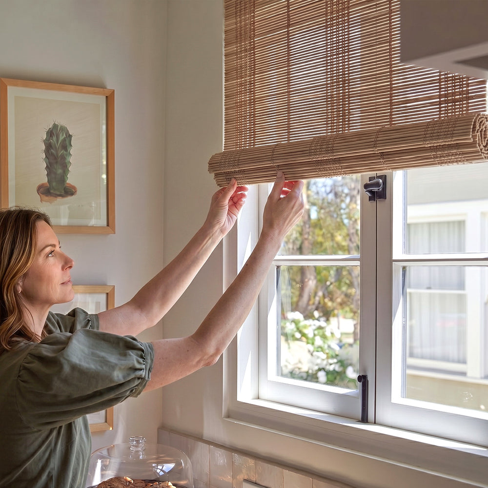 Hugmoom Bamboo Woven Shade – Close-up of Premium Natural Woven Texture with Cordless Design (North America, Europe)