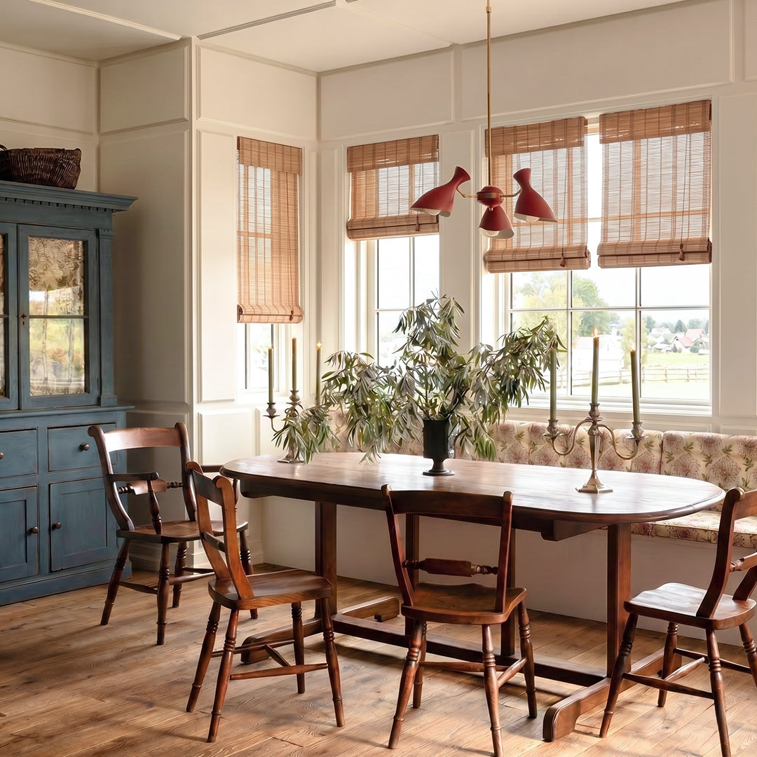 Hugmoom Bamboo Woven Shade – Premium Natural Cordless Blinds for Traditional Farmhouse Dining Nooks (USA, Canada, EU)