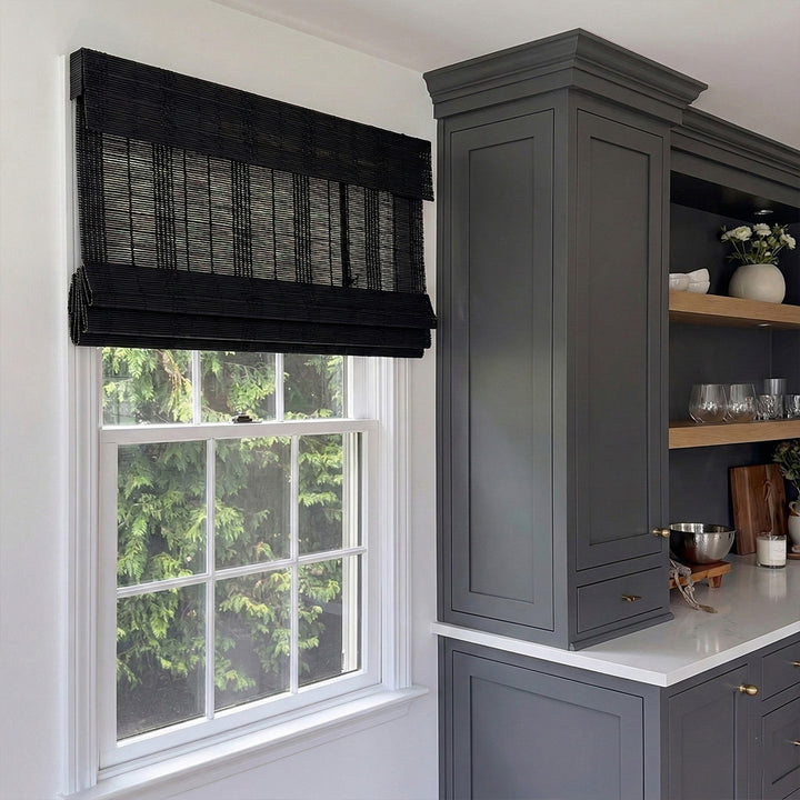 Hugmoom Bamboo Woven Shade – Premium Natural Cordless Black Roman Blinds for Modern Luxury Kitchens (US, UK, EU)