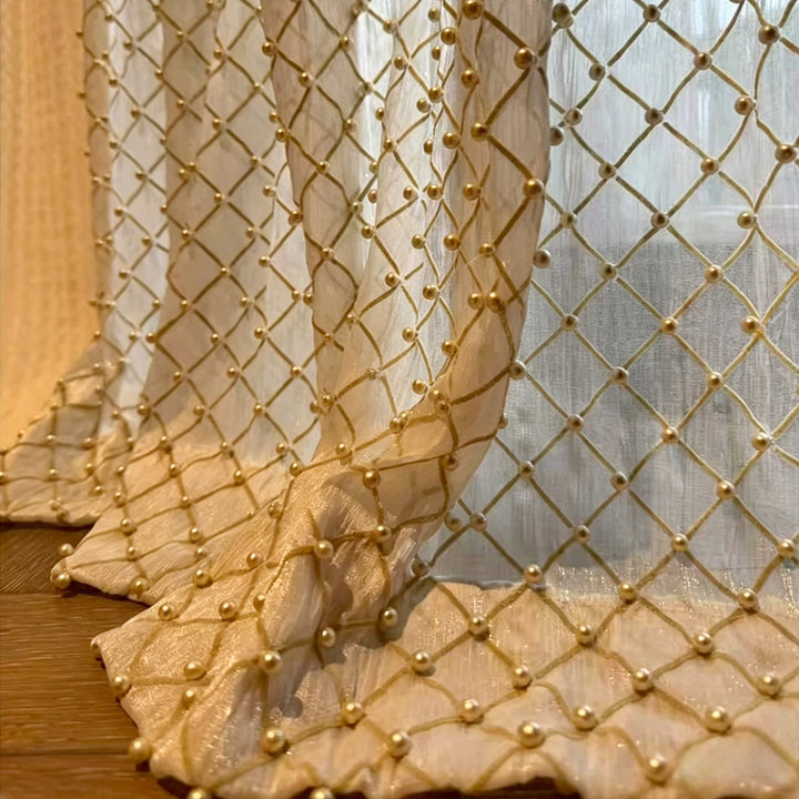 Hugmoom Beaded Sheer Drapes – Elegant Grid French Romantic Style Curtains for Luxury Bedrooms (USA, EU)