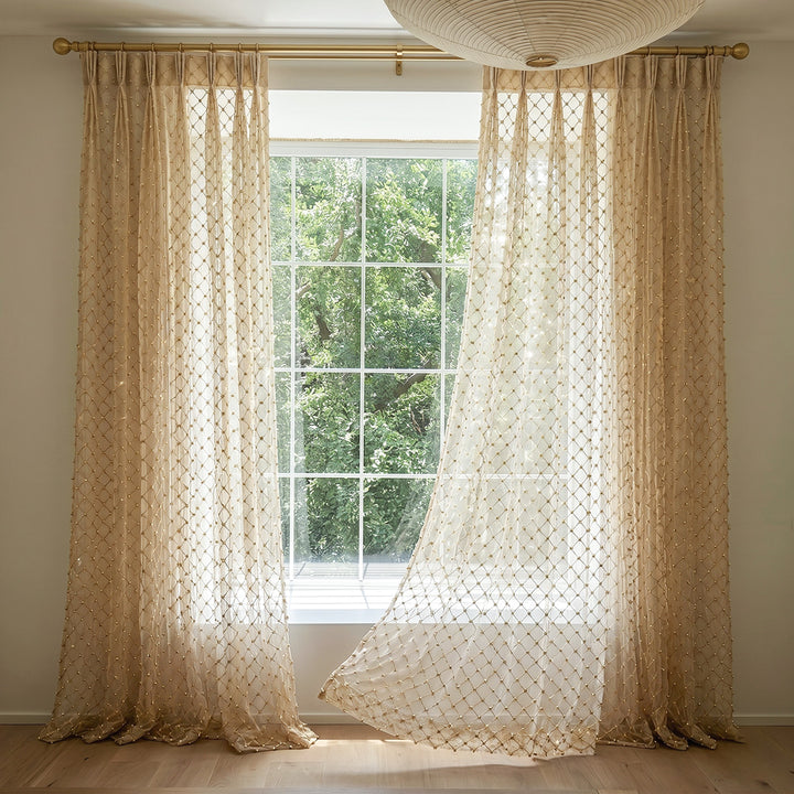 Hugmoom Beaded Sheer Drapes – Elegant Grid French Romantic Curtains for Bright High-End Living Rooms (North America, Europe)