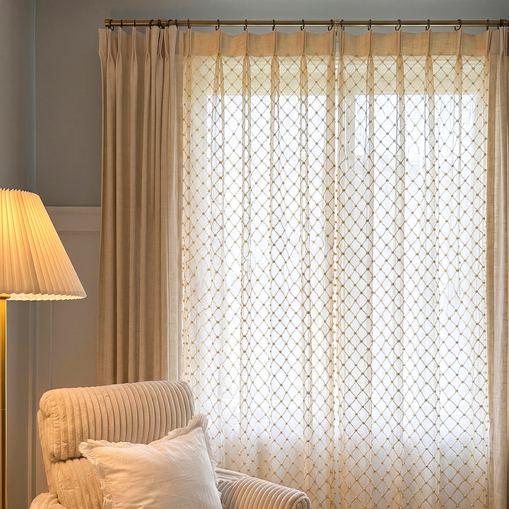 Hugmoom Beaded Sheer Drapes – Elegant Grid French Romantic Curtains for Cozy Reading Nooks (US, UK, EU)