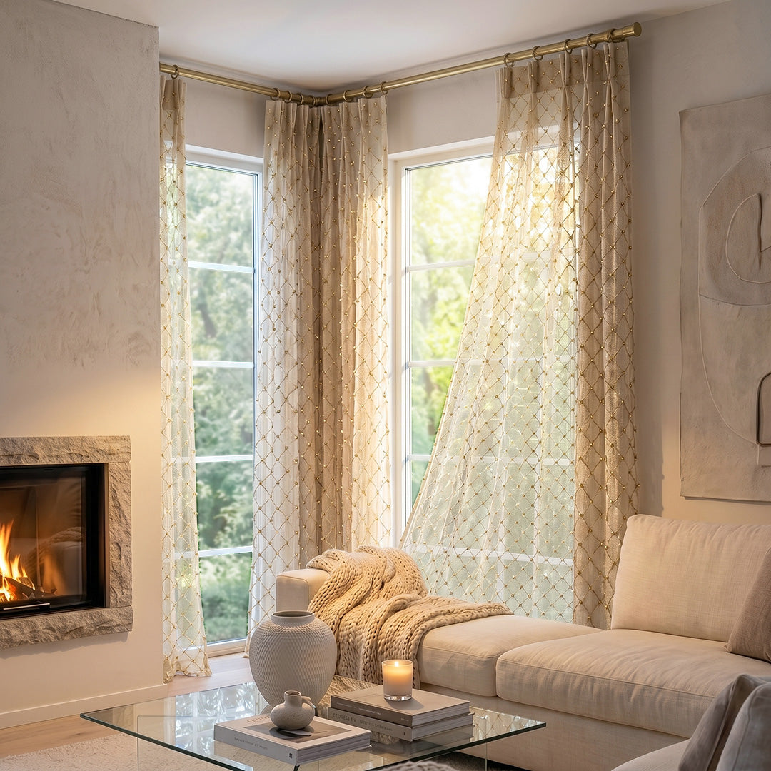 Hugmoom Beaded Sheer Drapes – Elegant Grid French Romantic Curtains for Cozy Reading Nooks (US, UK, EU)