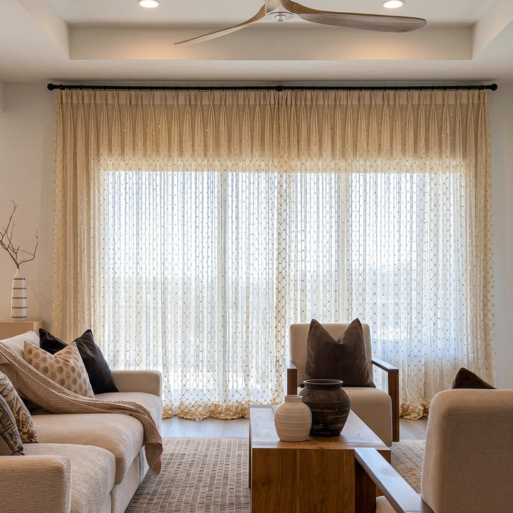 Hugmoom Beaded Sheer Drapes – Elegant Grid French Romantic Curtains for Spacious Contemporary Living Rooms (USA, EU)