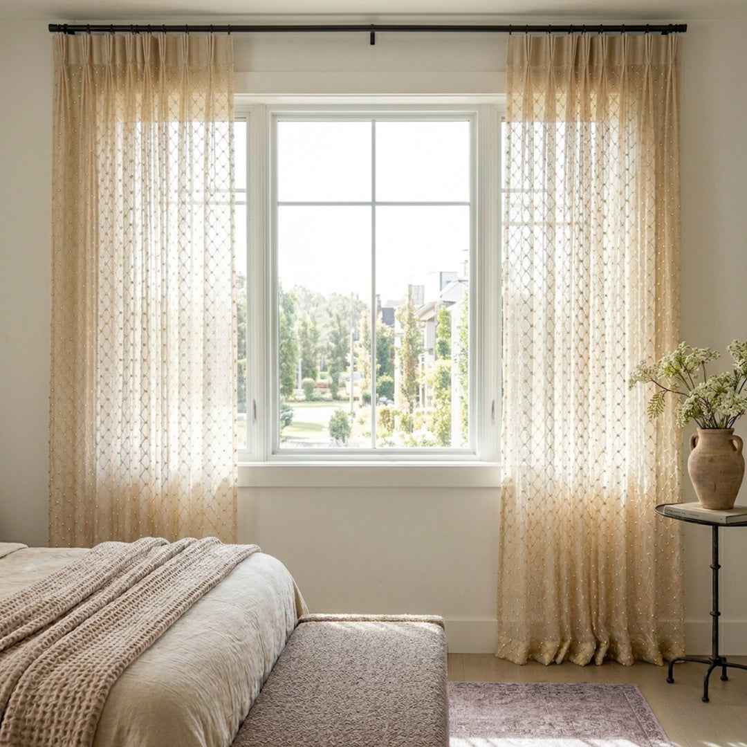 Hugmoom Beaded Sheer Drapes – Elegant Grid French Romantic Curtains for Sunlit Modern Farmhouse Bedrooms (USA, Canada, EU)