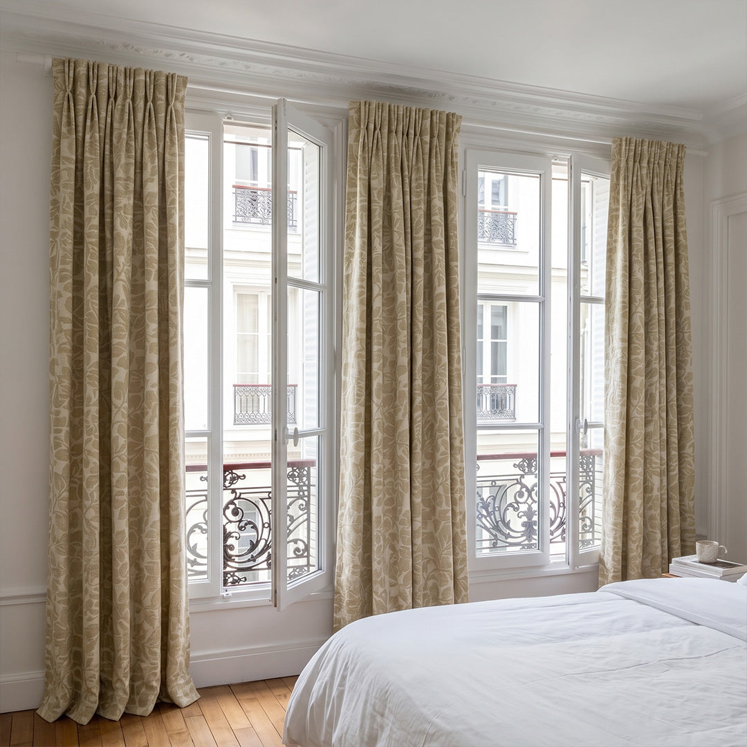 Hugmoom Botanical Jacquard Linen Blend Drapes, Custom Heritage Leaf Pattern Curtains, elegant pleated curtains in Parisian style bedroom