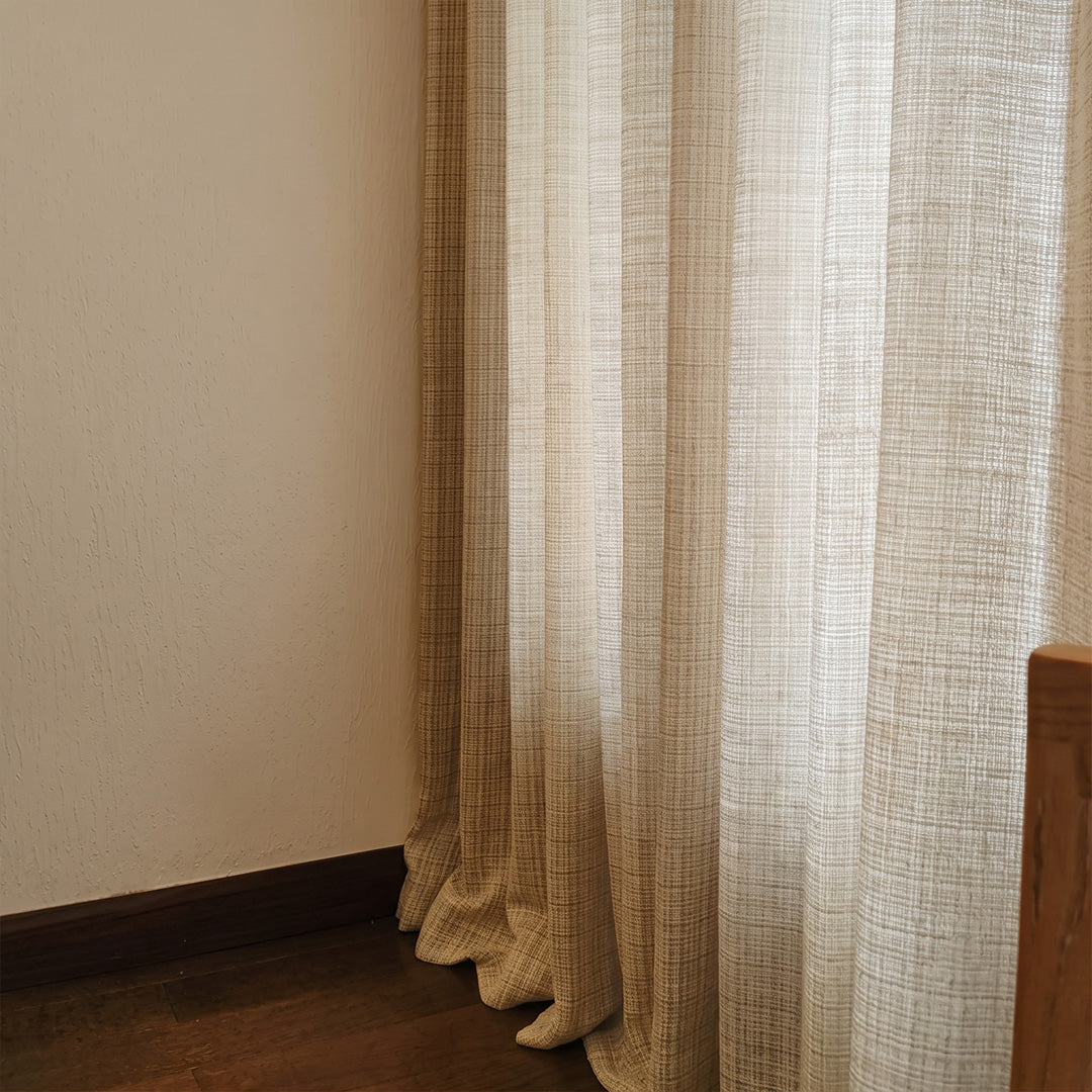 Hugmoom Chic Sheer Drapes Light Filtering Romantic Window Treatments Textured Linen Blend Beige Custom Curtain Side Detail Farmhouse Interior USA Canada