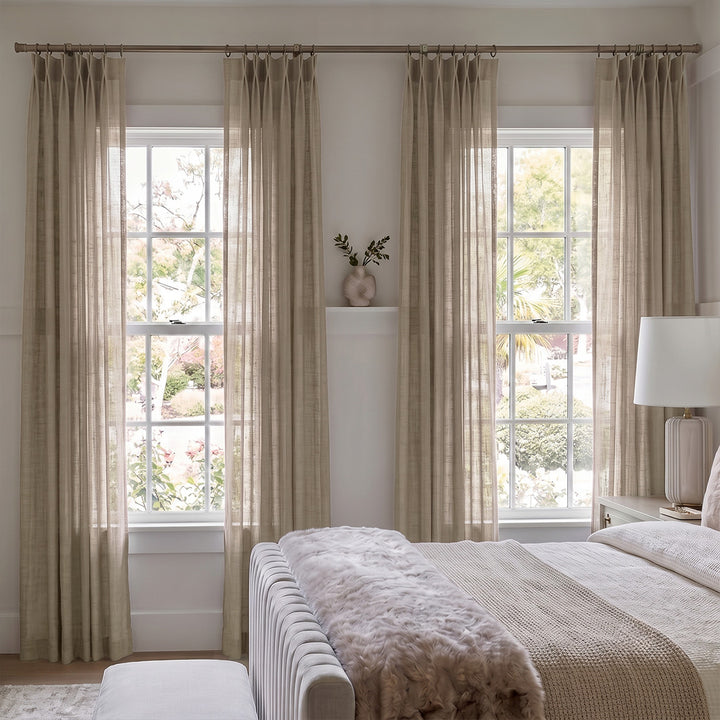 Hugmoom Colorful Textured Linen Sheer Curtains – Natural Coarse Weave Custom Pleated Drapes, Beige Sheer Pinch Pleat Curtains for Neutral Luxury Primary Bedroom (USA, UK, EU)