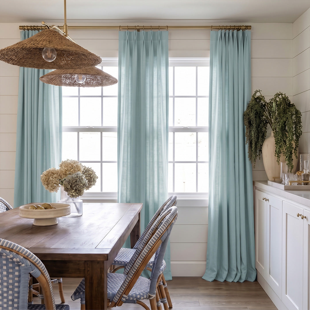 Hugmoom Colorful Textured Linen Sheer Curtains – Natural Coarse Weave Custom Pleated Drapes, Light Blue Textured Sheer Curtains for Modern Farmhouse Dining Space (USA, Canada, EU)