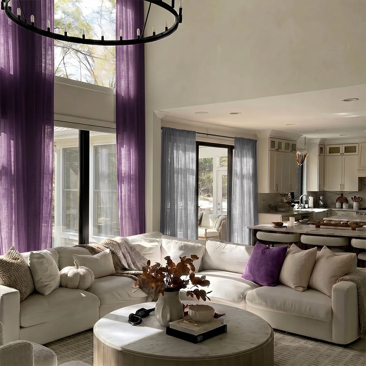 Hugmoom Colorful Textured Linen Sheer Curtains – Natural Coarse Weave Custom Pleated Drapes, Purple Tall Sheer Curtains for High Ceiling Open Concept Luxury Living Room (USA, UK, EU)