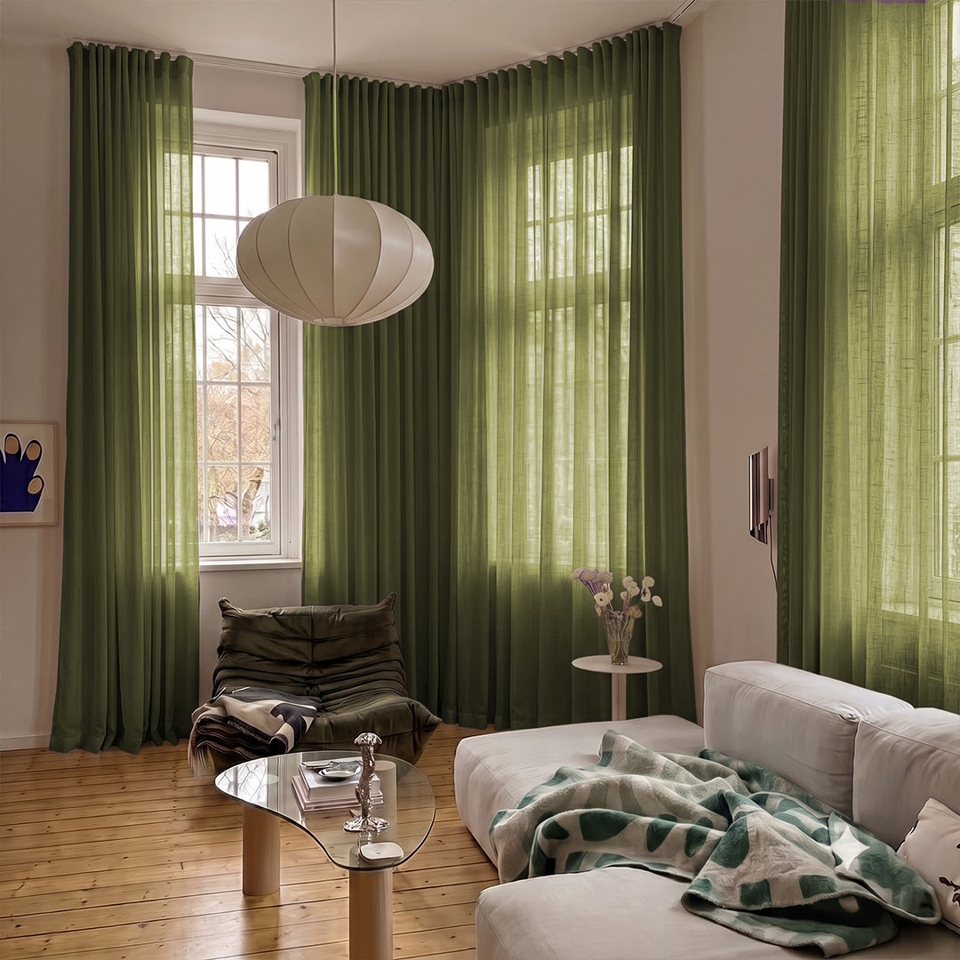 Hugmoom Colorful Textured Linen Sheer Curtains – Natural Coarse Weave Custom Pleated Drapes, Olive Green Textured Linen Sheer Drapes for Minimalist Modern Living Room (North America, Europe)