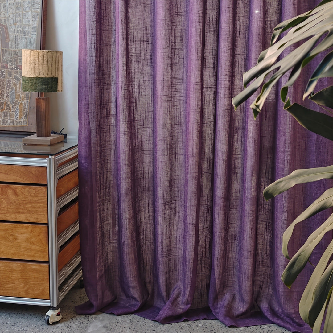 Hugmoom Colorful Textured Linen Sheer Curtains – Natural Coarse Weave Custom Pleated Drapes, Purple Linen Sheer Fabric Texture Close Up Shot (USA, Canada, EU)