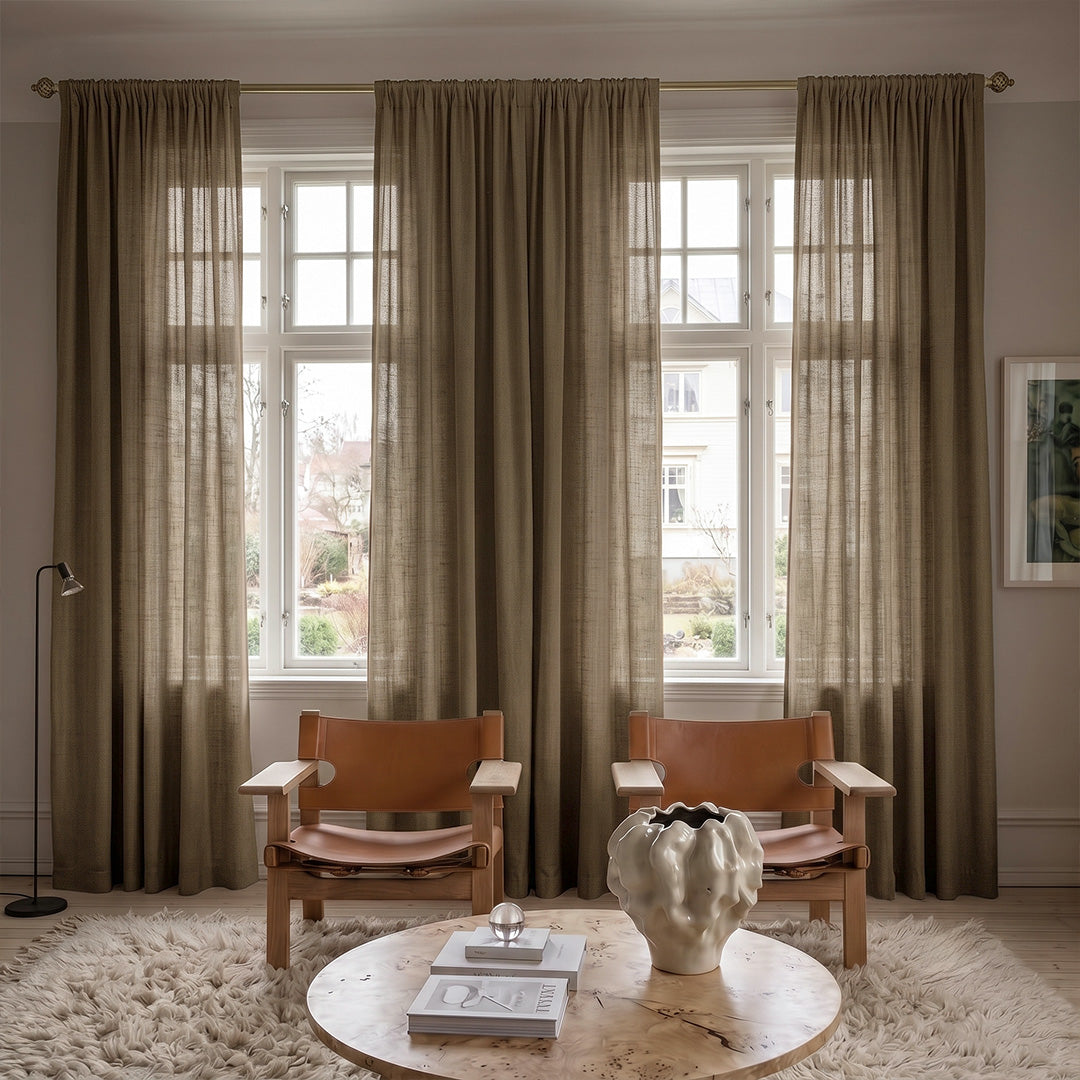 Hugmoom Colorful Textured Linen Sheer Curtains – Natural Coarse Weave Custom Pleated Drapes, Taupe Textured Sheer Curtains for Nordic Style Living Room (North America, Europe)