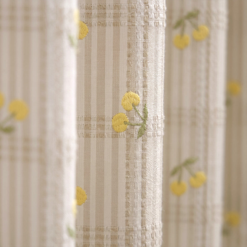 Hugmoom Cottagecore Cherry Embroidered Curtains Custom Textured Plaid Vintage Drapes Yellow Cherry Embroidery Fabric Close‑Up Detail USA California