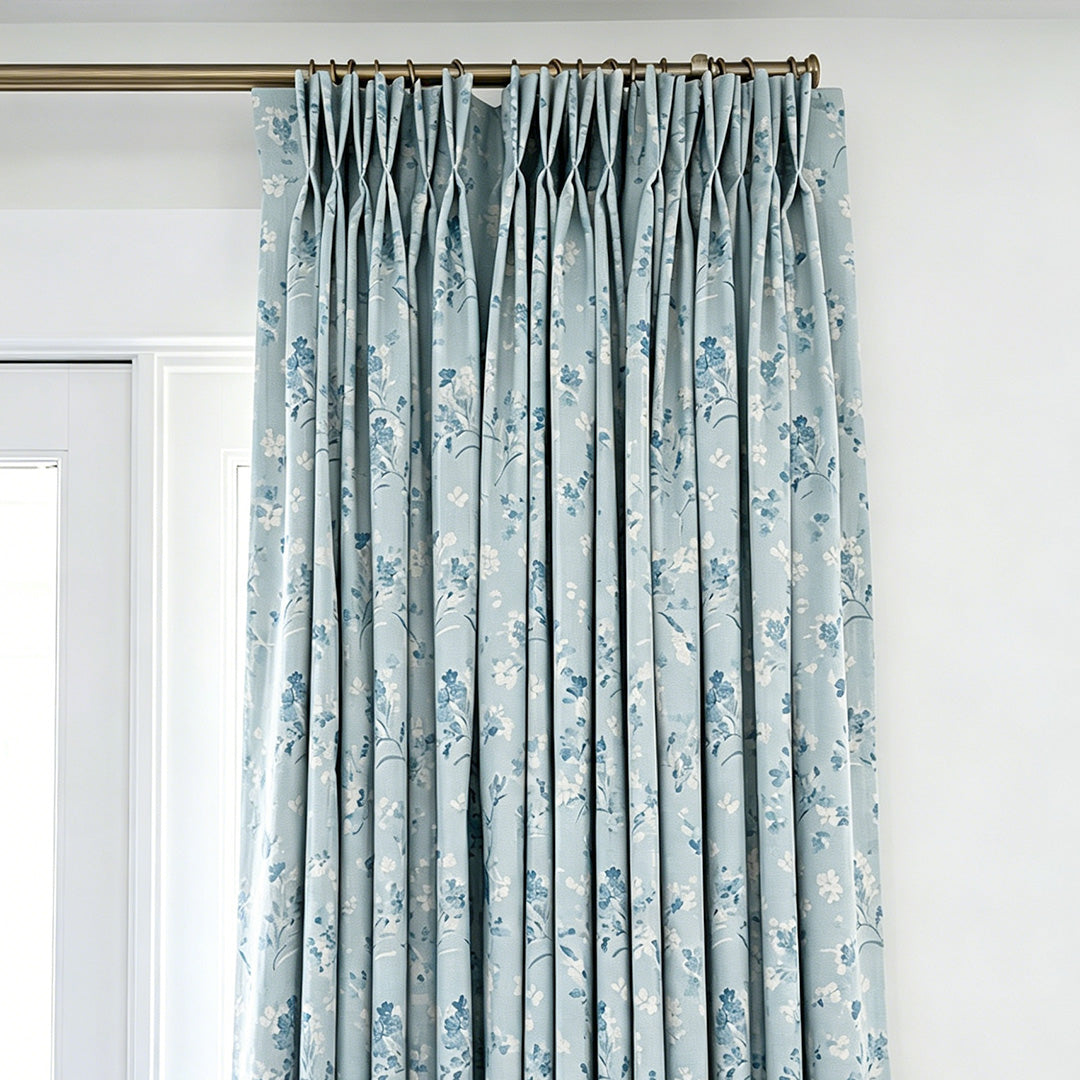 Hugmoom Country Floral Drapery – Close-up of Pleated Blue Floral Pattern Curtains (North America, Europe)