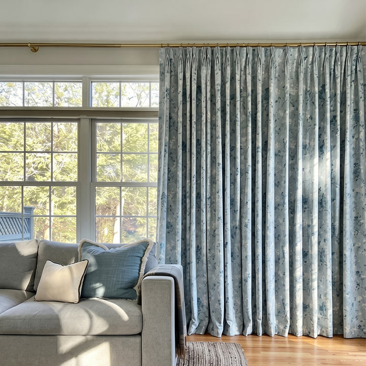 Hugmoom Country Floral Drapery – Pleated Blue Floral Blackout Curtains for Modern Farmhouse Living Rooms (North America, Europe)