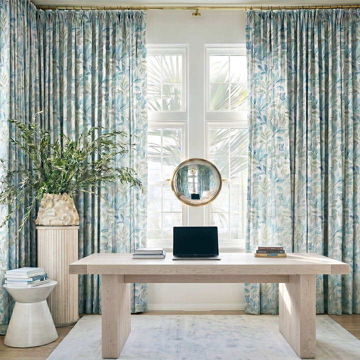 Hugmoom Country Floral Drapery – Pleated Blue Leaf Pattern Blackout Curtains for Bright Home Offices (US, UK, EU)