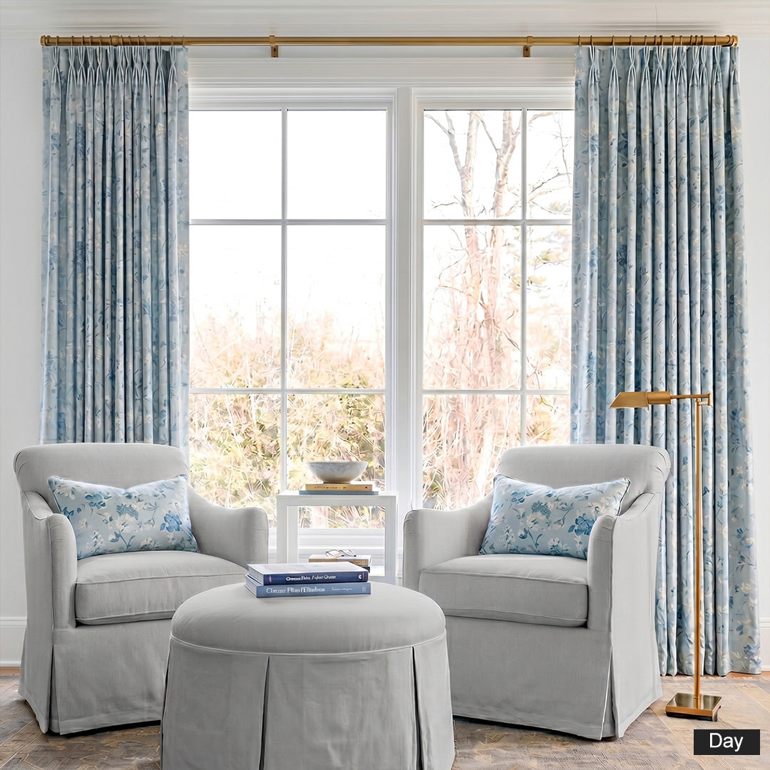 Hugmoom Country Floral Pleated Blackout Curtains, Light Blue Floral Pattern, Pinch Pleat Design, Daytime Open View in Bright Living Room