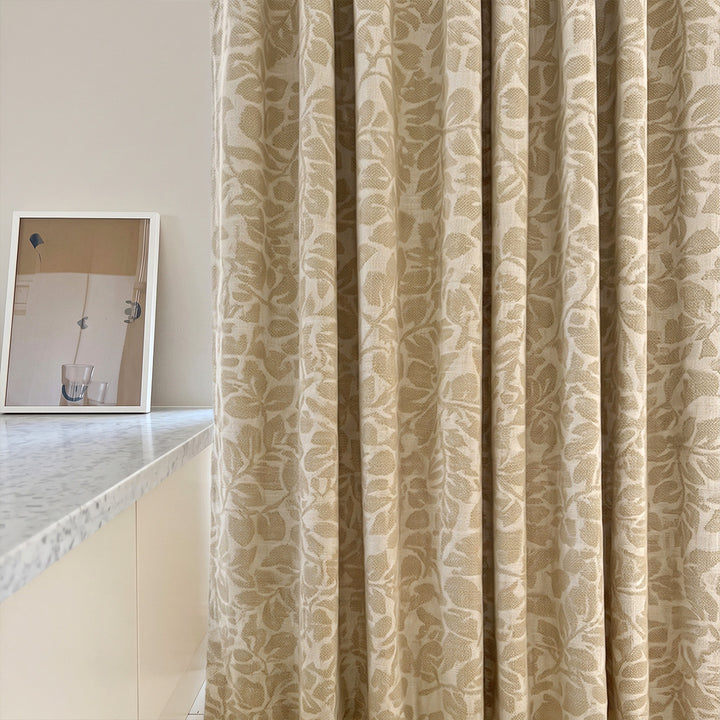 Hugmoom Custom Botanical Jacquard Curtains, Heritage Leaf Motif Linen Blend Drapes, textured fabric closeup for high-end home decor