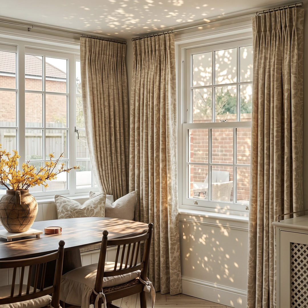 Hugmoom Custom Botanical Jacquard Linen Blend Curtains, Heritage Leaf Motif Drapes, natural light filtering pleated drapes for country home